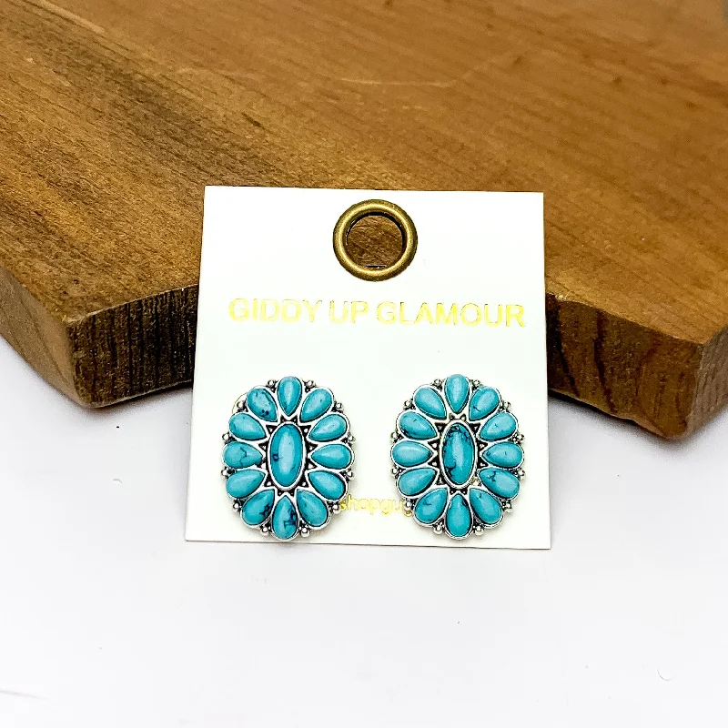 Dazzling Gold Earrings-Silver Tone Concho Cluster Oval Earrings in Turquoise Blue