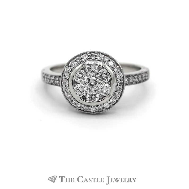 Beautiful Custom Ring-.75cttw Round Diamond Cluster Ring with Diamond Halo & Accents in 14k White Gold