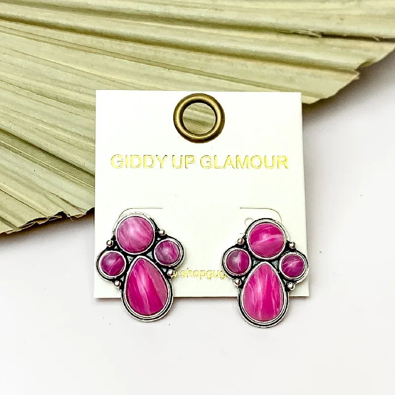 Fashionable Stud Earrings-Silver Tone Cluster Stone Earrings in Light Pink