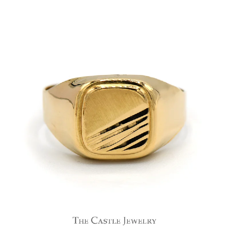 Wedding Band with Diamonds-Ridged Textured Signet Ring in 18k Yellow Gold