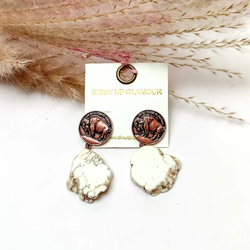 Fashionable Drop Earrings-Ivory Stone Earrings With Copper Tone Coin Posts