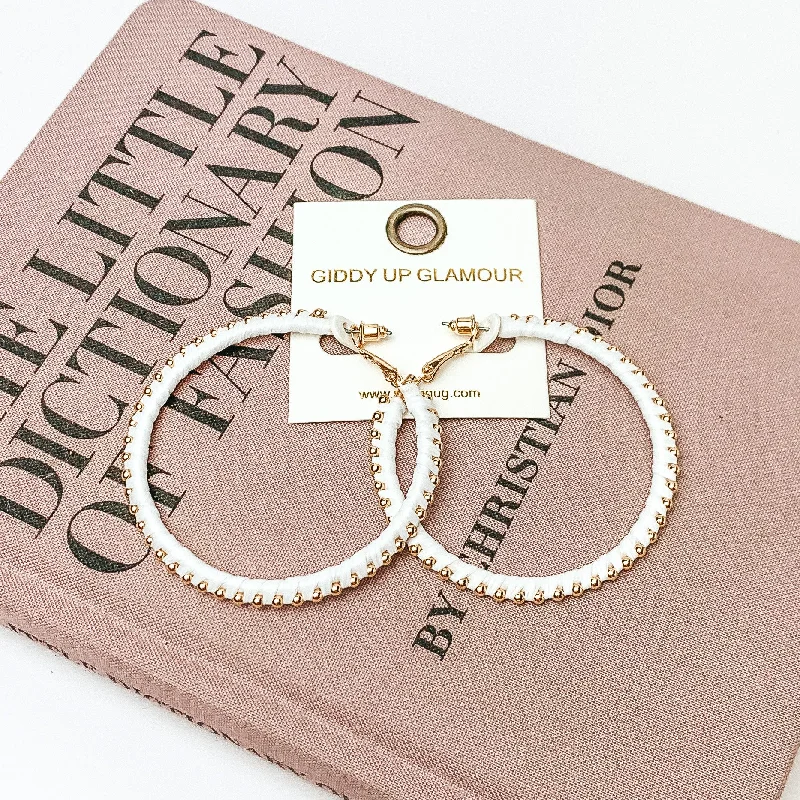 Custom Hoop Earrings-Circle Gold Tone Beaded Hoop Earrings in White