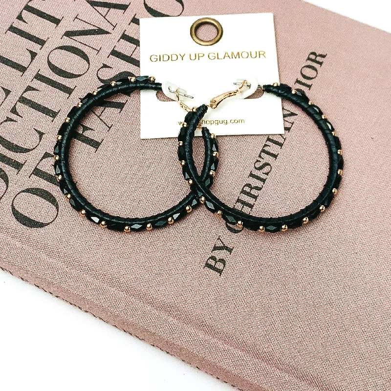 Gemstone Earrings for Brides-Circle Beaded Hoop Earrings with Gold Tone Spacers in Black