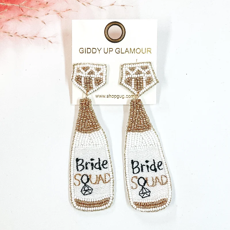 Silver Earrings for Bridesmaids-Bride Squad Bottle Beaded Earrings in White and Gold