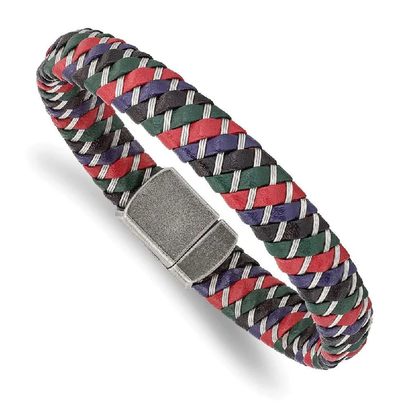 Luxury Customizable Leather Bracelet-Stainless Steel Antiqued & Polished Multi-Color Leather w/Wire Bracelet