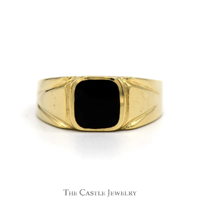 Elegant Wedding Band with Diamonds-Square Black Onyx Men's Ring with Polished Grooved Sides in 14k Yellow Gold