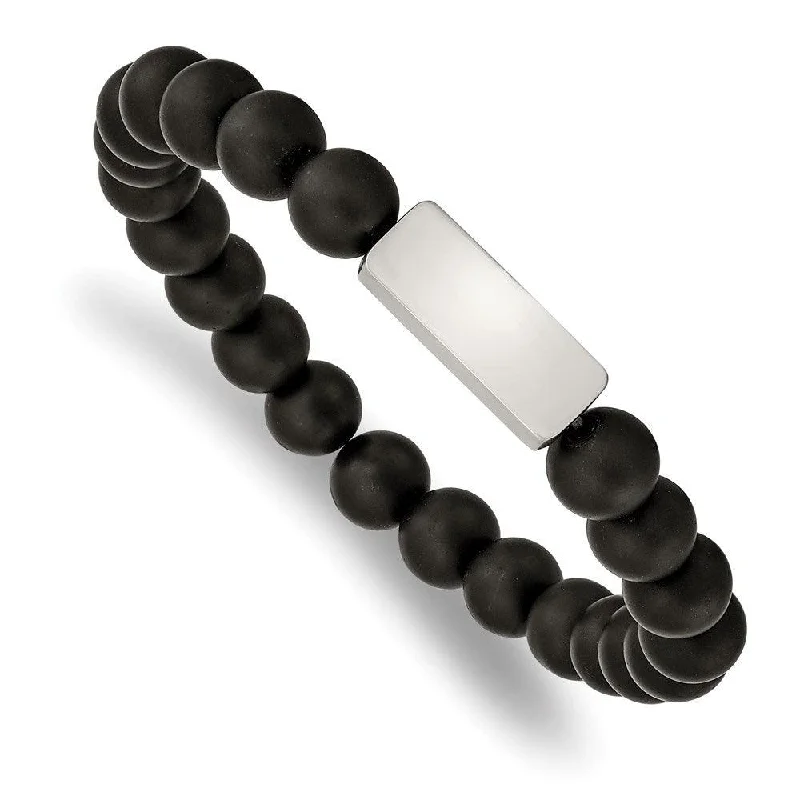 Women’s Beaded Bracelet-Stainless Steel Brushed ID Plate Black Agate Bead Stretch Bracelet