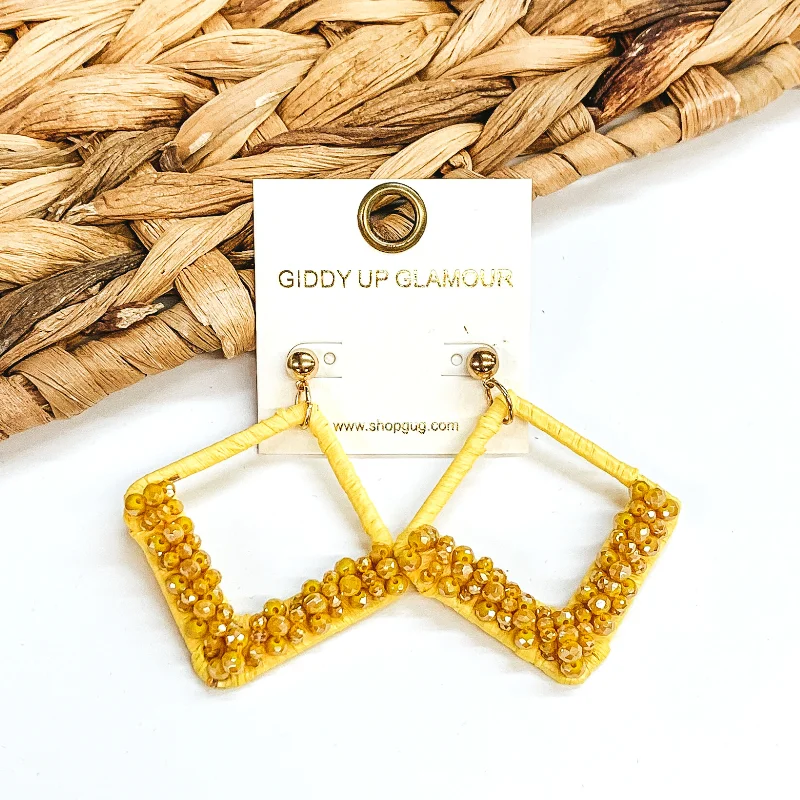 Retro Earrings for Women-Champagne Secrets Beaded and Raffia Wrapped Diamond Earrings in Yellow