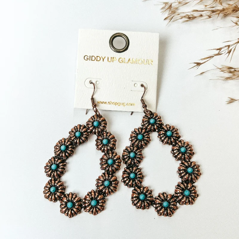 Dainty Earrings for Women-Copper Tone Flower Teardrop Earrings with Turquoise Stones