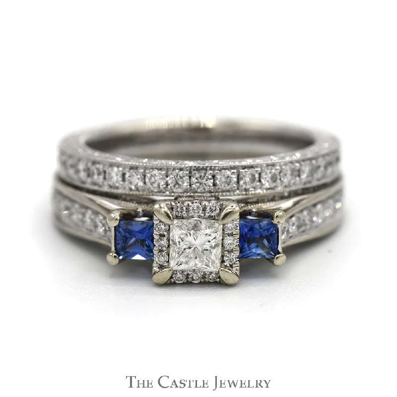 Stylish Engagement Ring-1.15cttw Princess Cut Diamond Neil Lane Designer Bridal Set with Sapphire Accents and Matching Band in 14k White Gold