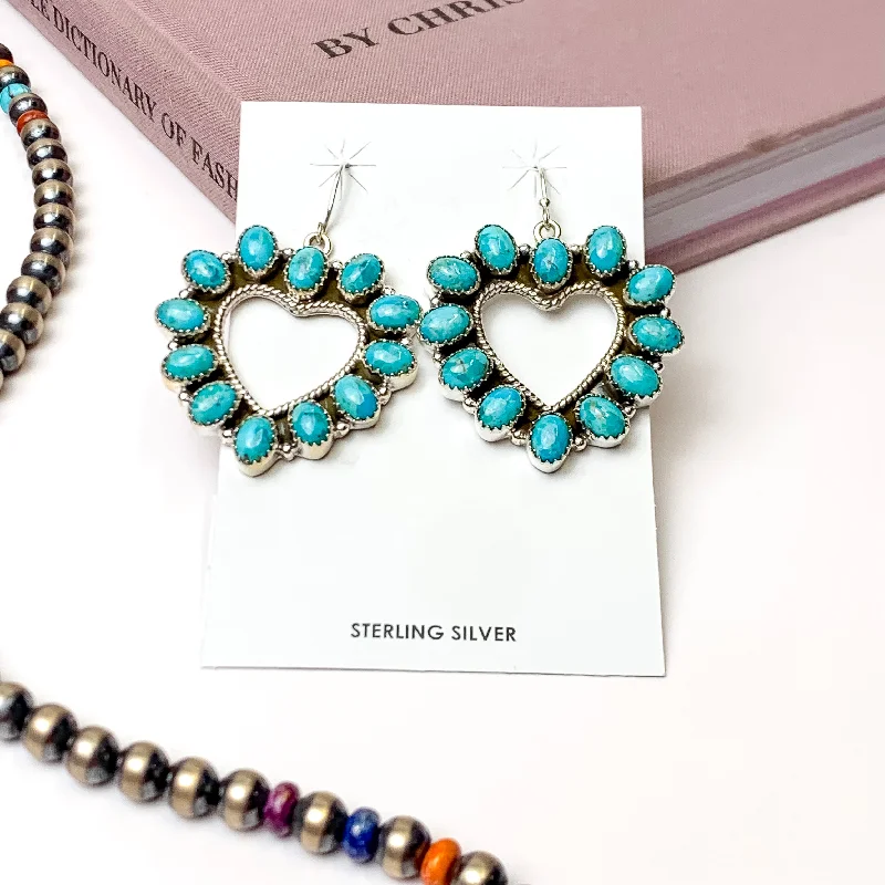 Elegant Bridal Earrings-Hada Collection | Handmade Sterling Silver Open Heart Shaped Kingman Turquoise Drop Earrings