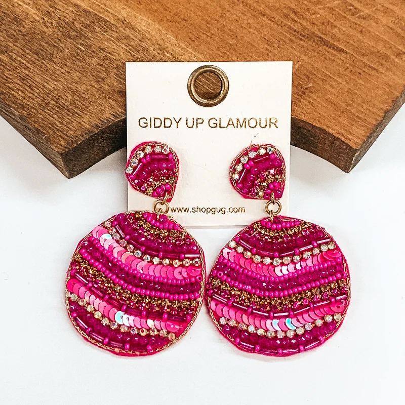 Small Stud Earrings for Women-Beaded Circle Drop Earrings in Fuchsia Pink