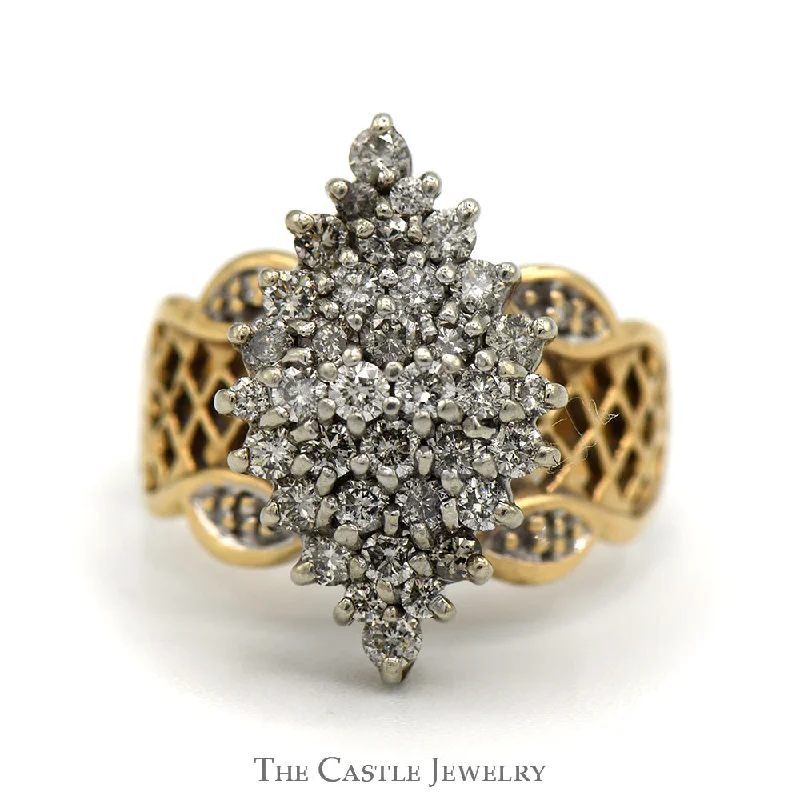 Stackable Engagement Rings-1/2cttw Marquise Shaped Diamond Cluster Ring with Lattice Designed Sides in 10k Yellow Gold