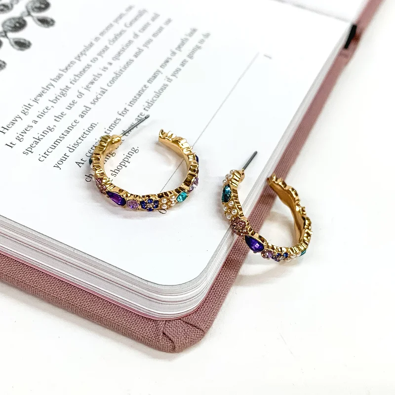 Retro Earrings for Women-Gold Tone Hoop Earrings with Purple and Blue Crystals