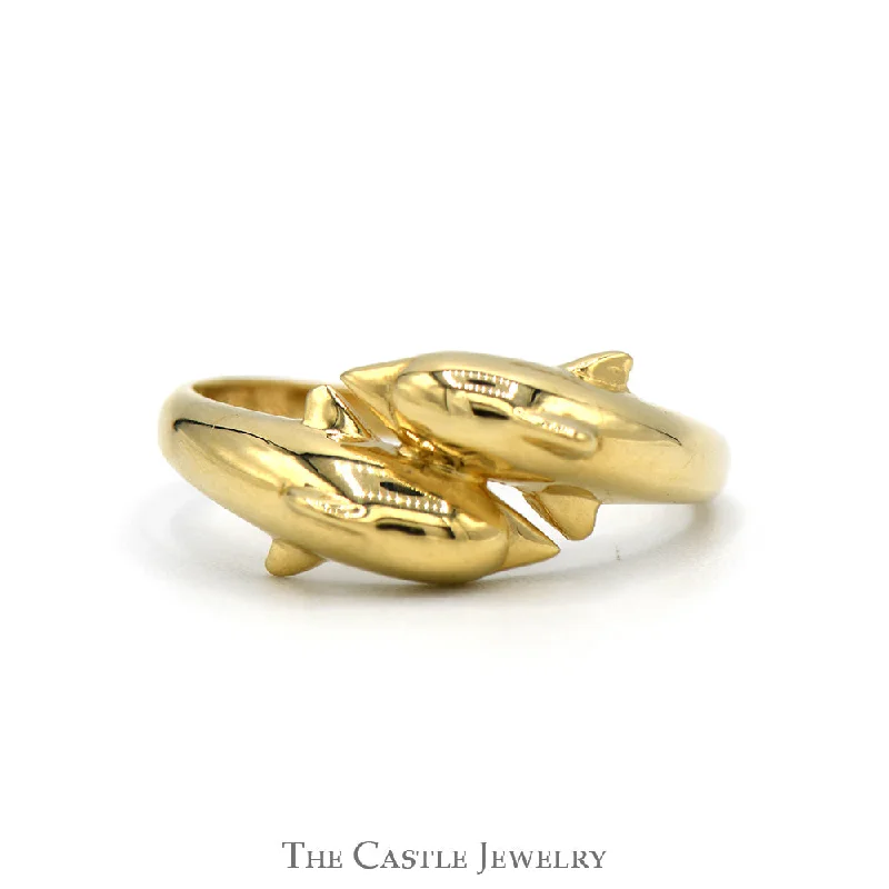 Birthstone Wedding Ring-Double Dolphin Designed Bypass Ring in 14k Yellow Gold