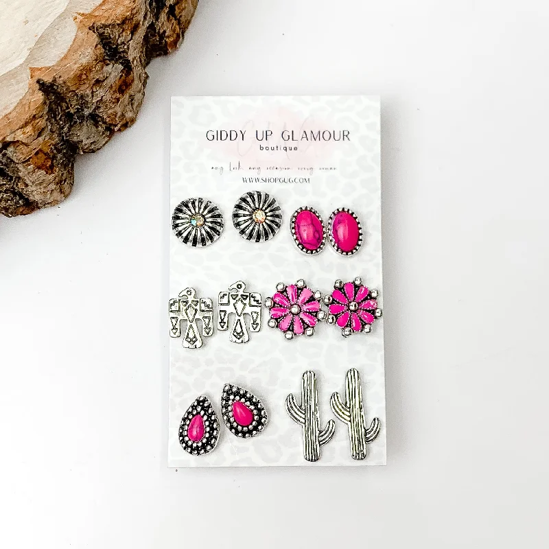 Dangle Earrings with Gems-Set Of Six | Western Themed Fuchsia Pink and Silver Tone Stud Earrings