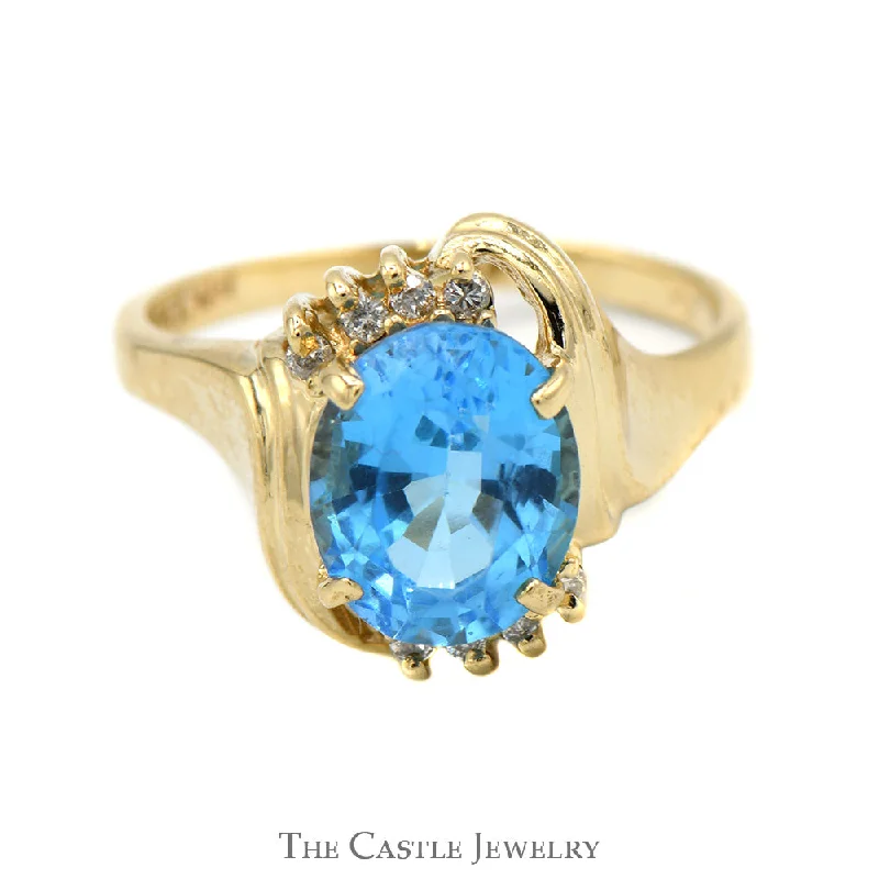 Antique Wedding Ring Set-Oval Blue Topaz Ring with Diamond Accented Bypass Mounting in 14k Yellow Gold