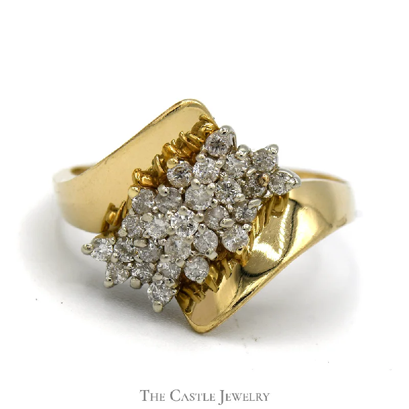 Silver Ring with Diamonds-.38cttw Diamond Waterfall Cluster Ring in Bypass Designed 14k Yellow Gold Mounting