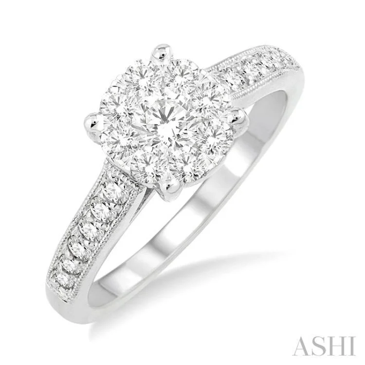 Custom Sterling Silver Ring-3/4 Ctw Lovebright Round Cut Diamond Engagement Ring in 14K White Gold