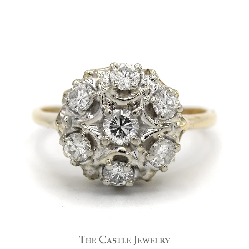 Elegant Custom Ring-1cttw 7 Round Diamond Cluster Ring with Starburst Design in 14k Yellow Gold