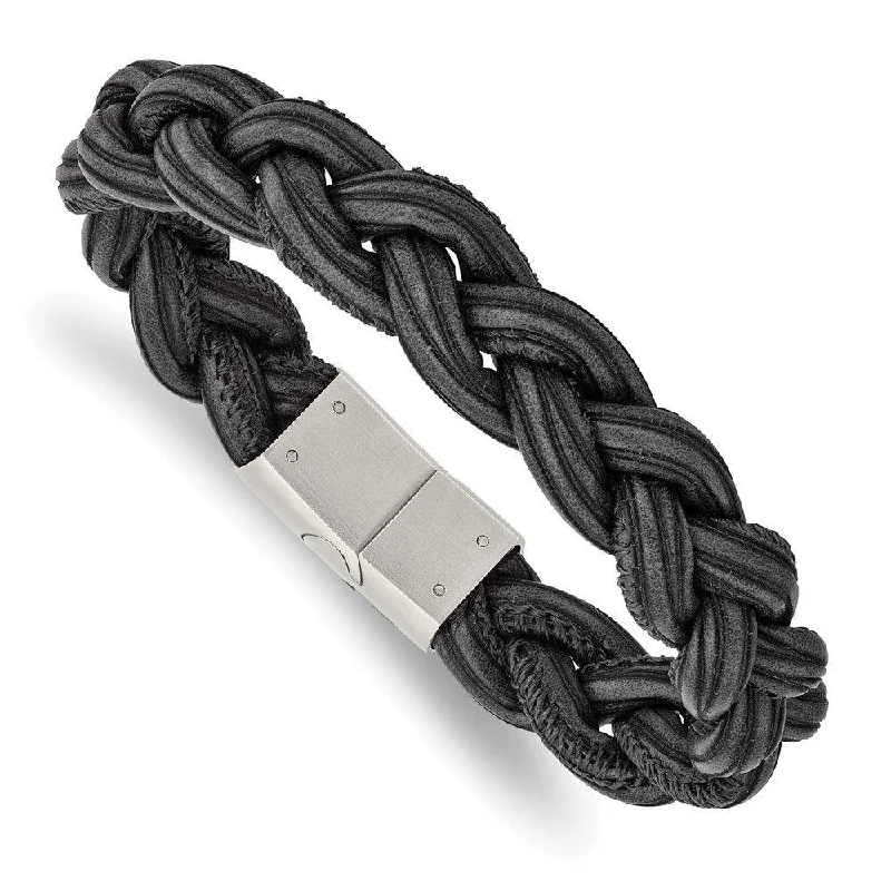 Elegant Silver Wedding Bracelet-Stainless Steel Brushed Black Braided Faux Leather 8.25in Bracelet