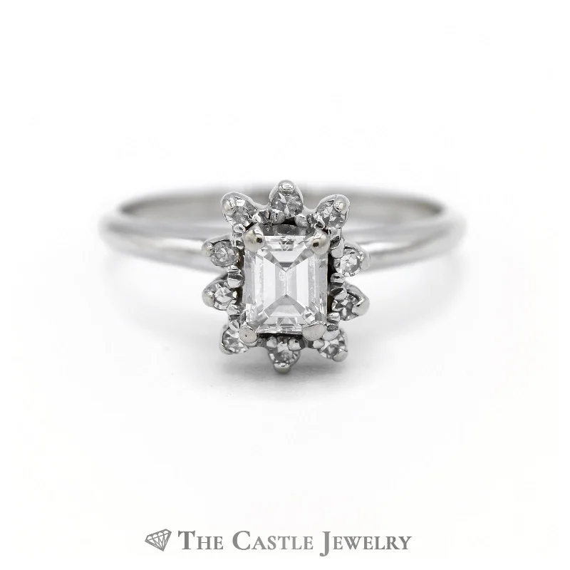 Birthstone Engagement Ring-Emerald Cut Diamond Engagement Ring with Diamond Halo