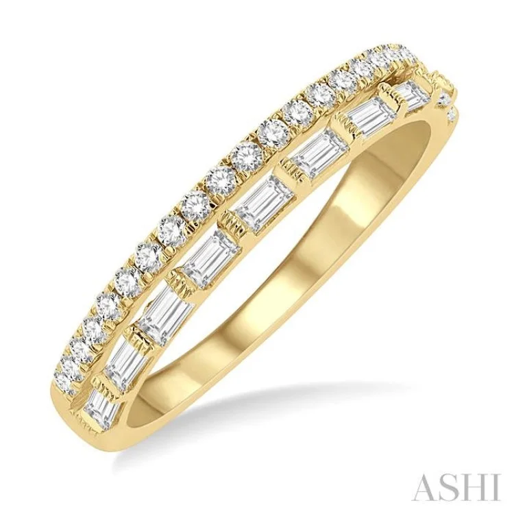 Gold Ring with Rubies-1/2 Ctw Parallel Row Baguette and Round Cut Diamond Stackable Fashion Band in 14K Yellow Gold