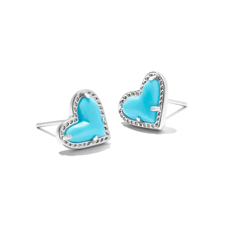 Chic Bridal Earrings-Kendra Scott | Ari Heart Silver Stud Earrings in Variegated Turquoise Magnesite