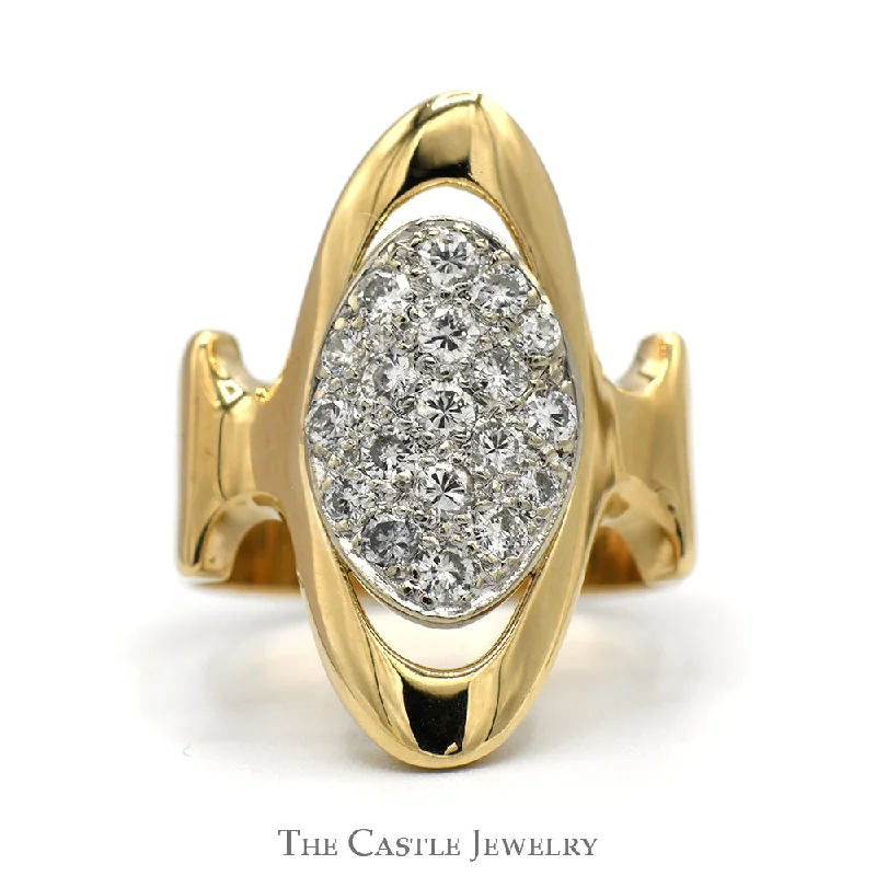 Classic Engagement Ring for Women-Oval Shaped 1/2cttw Diamond Cluster Open Shield Ring in Polished 14k Yellow Gold