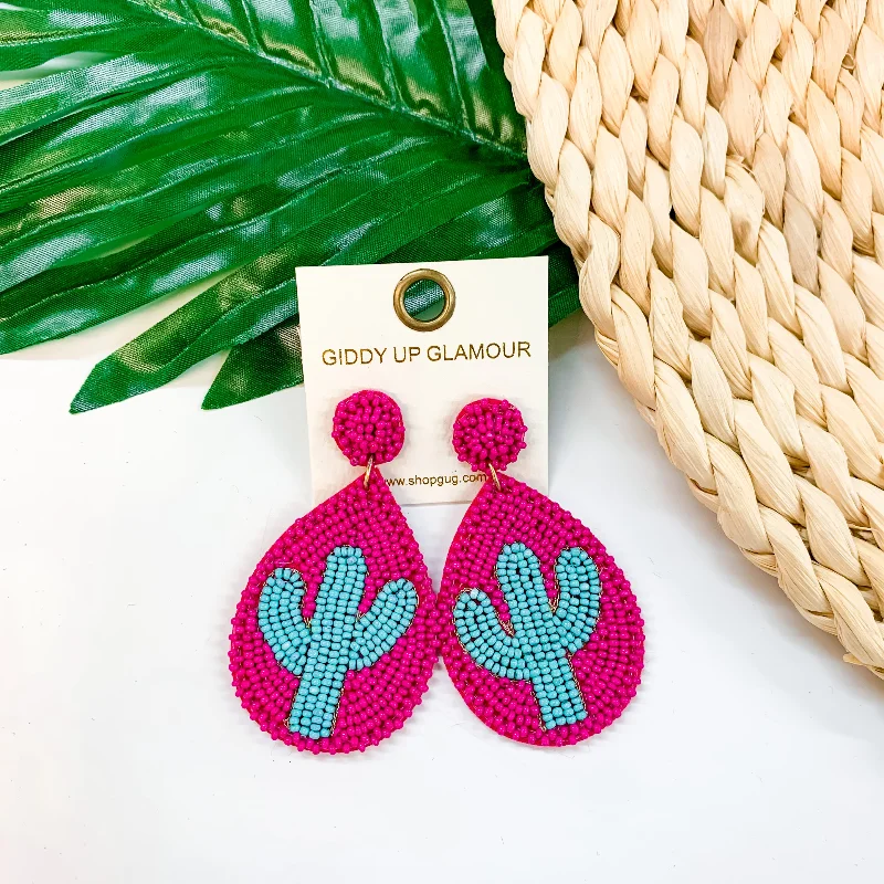 Unique Design Earrings-Lookin' Sharp Seed Bead Cactus Teardrop Earrings In Fuchsia and Turquoise