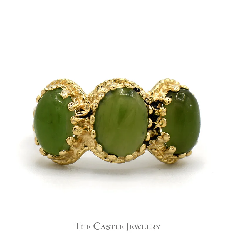 Gorgeous Wedding Band-Oval Cut Green Jade Three Stone Ring with Open Split Shank Sides in 14k Yellow Gold