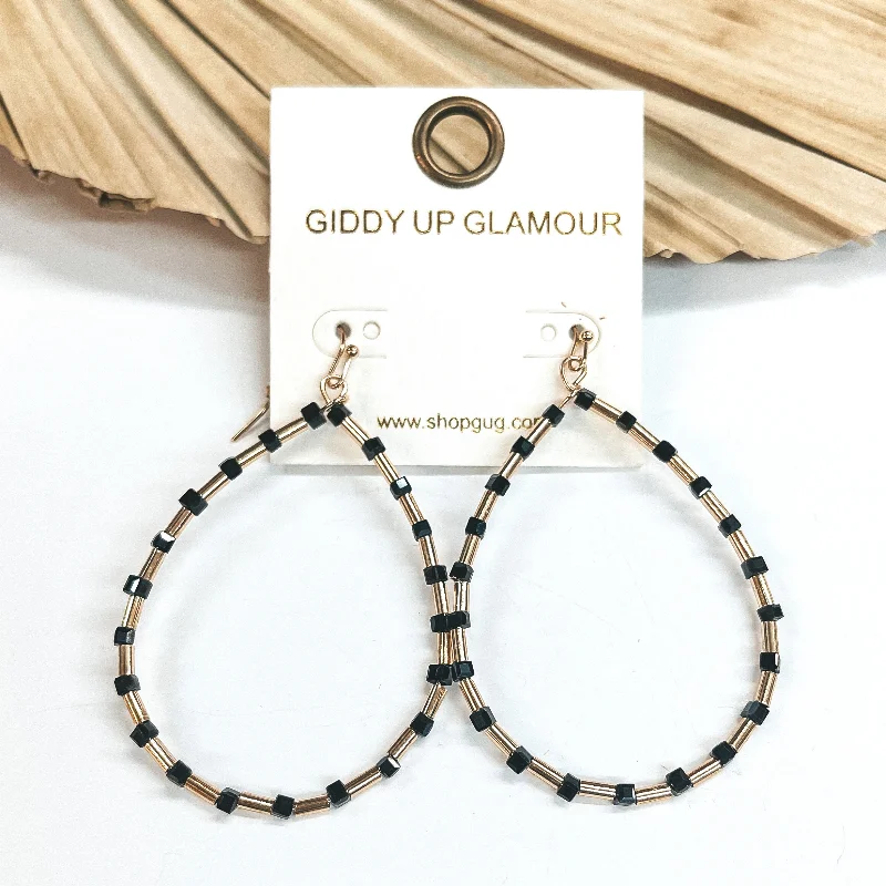 Luxury Gemstone Earrings-Open Teardrop Earrings with Black Square Beads and Gold Spacers