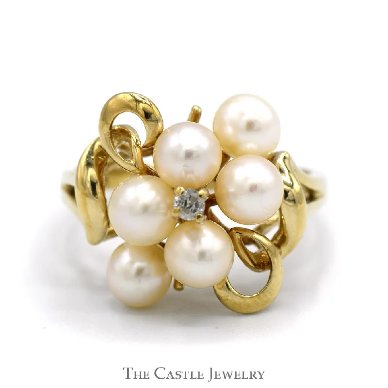 Custom Birthstone Ring-Pearl Cluster Ring with Diamond Accent in 10k Yellow Gold Swirled Freeform Setting