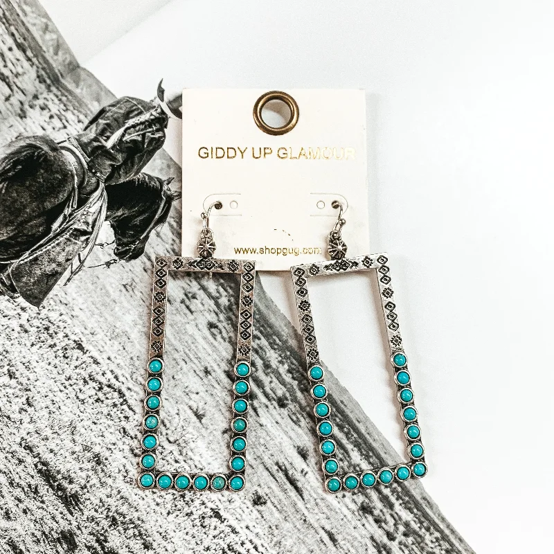 Statement Earrings for Evening-Silver Tone Open Rectangle Earrings with Faux Turquoise Stones and Engraving