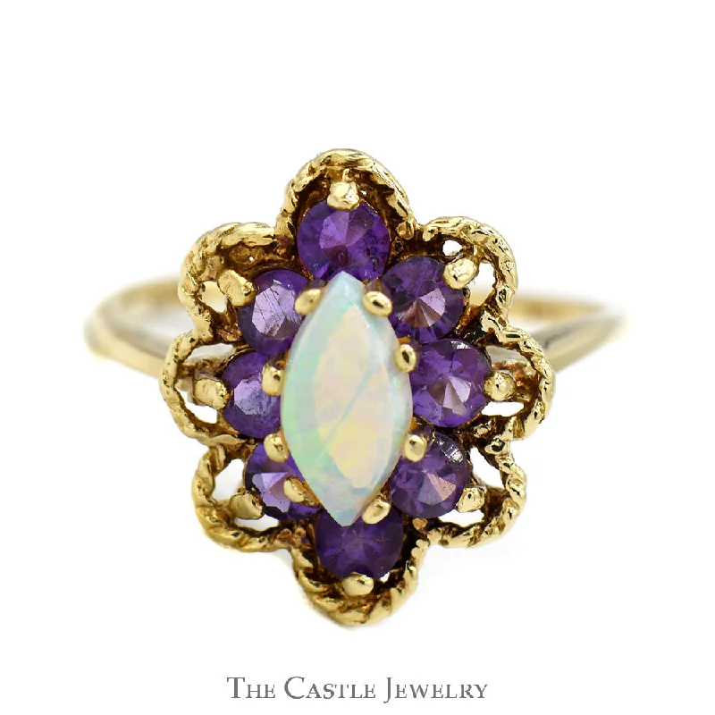 Engagement Ring with Emerald-Marquise Opal Ring with Amethyst Halo and Floral Bezel in 14k Yellow Gold