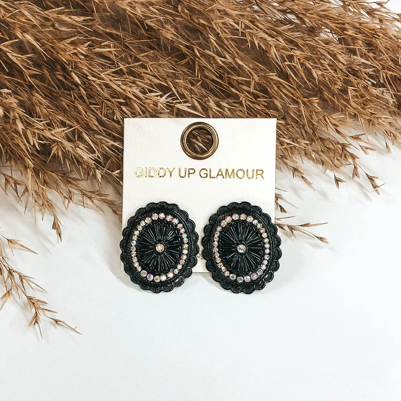 Classic Diamond Earrings-Black Concho Stud Earrings with AB Crystals