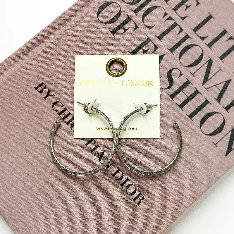 Affordable Gold Earrings-Large Hammered Hoops in Silver Tone