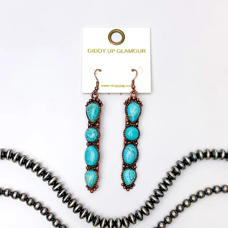 Gold Plated Earrings-Western Connection Copper Tone Earrings With Four Stones in Turquoise