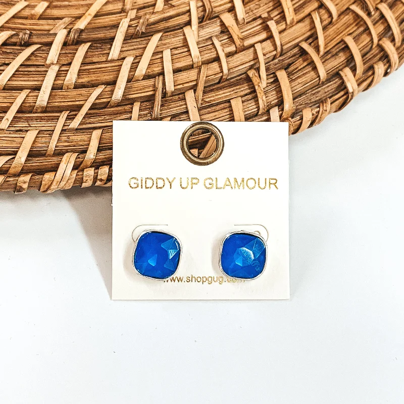 Artistic Earrings for Women-Silver Tone Square Stud Earrings with Crystals in Blue