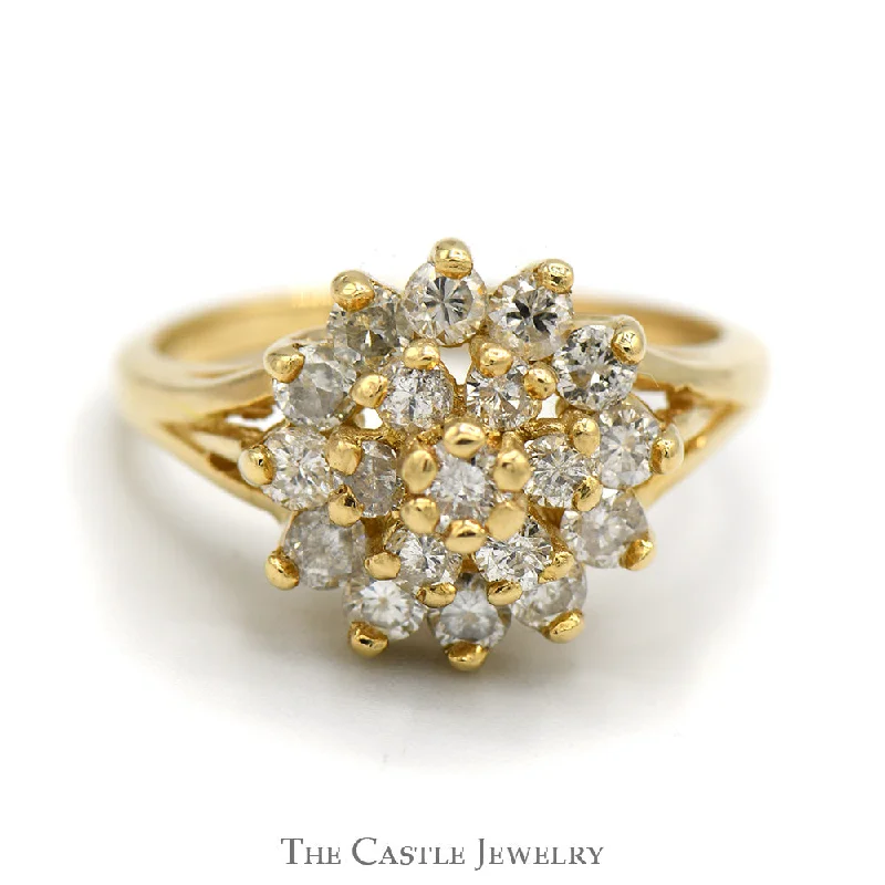 Unique Promise Ring-.85cttw Round Diamond Cocktail Cluster Ring in 14k Yellow Gold Split Shank Setting