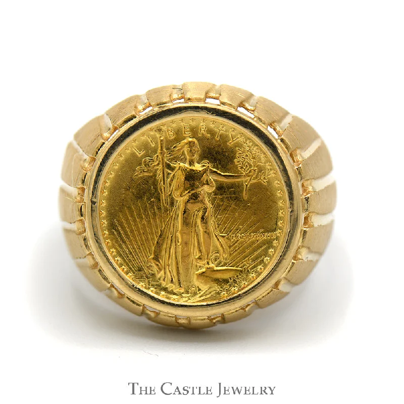 Unique Wedding Ring Set-Liberty Coin Ring in Grooved Designed Mounting in 14k Yellow Gold