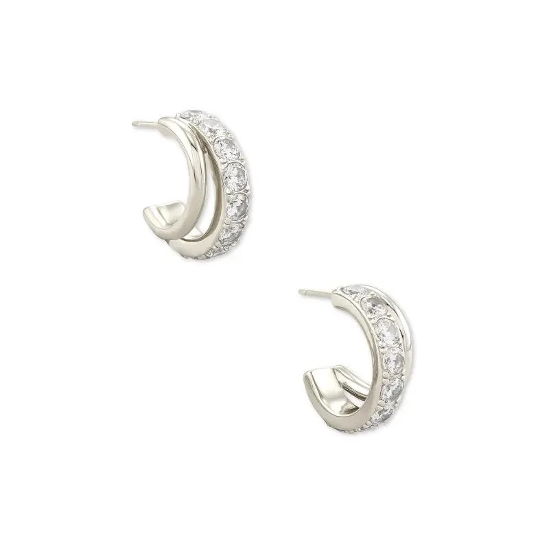 Party Earrings for Women-Kendra Scott | Livy Silver Huggie Earrings in White Crystal