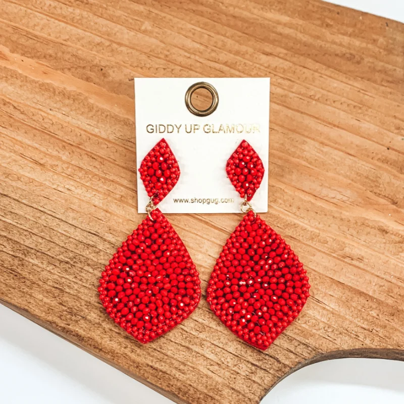 Heart Shaped Stud Earrings-Beaded Teardrop Earrings in Red