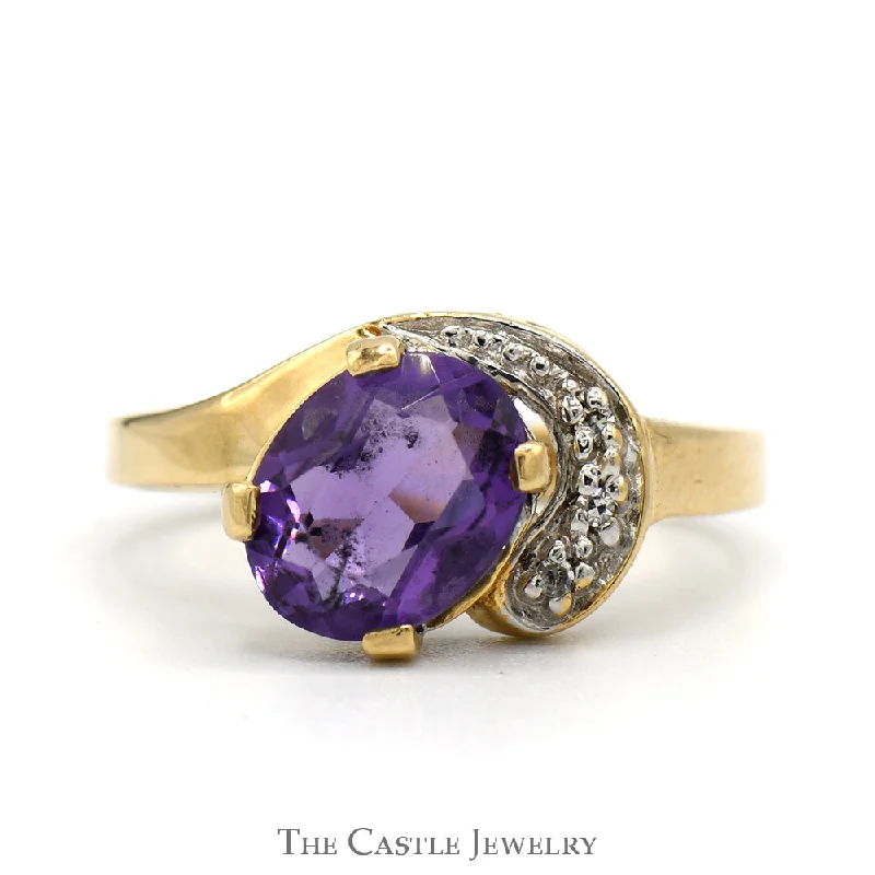 Designer Ring with Birthstone-Oval Cut Amethyst Ring with Diamond Accented Swirled Design in 14k Yellow Gold