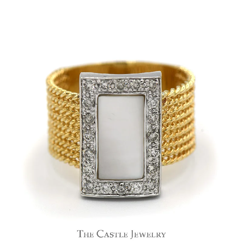 Unique Gemstone Ring for Women-Rectangular Mother Of Pearl Ring with Diamond Halo and Rope Designed Sides in 14k Yellow Gold