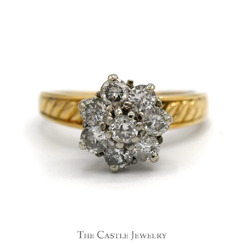 Stunning Gold Ring for Women-1cttw Diamond Flower Cluster Ring with Diagonally Grooved Sides in 10k Yellow Gold