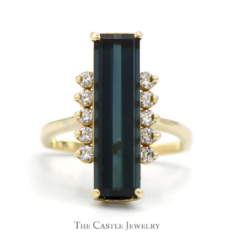 Elegant Custom Ring-Elongated Blue Tourmaline Ring with Round Diamond Accents in 10k Yellow Gold