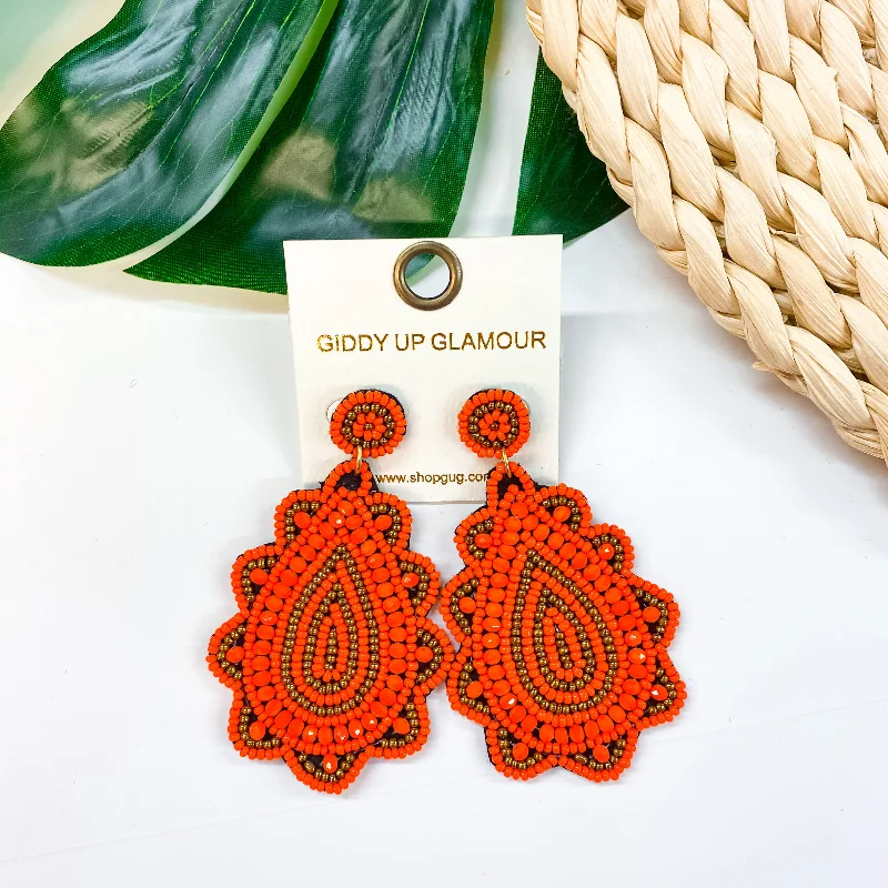 Handmade Gold Earrings-Light Up The Night Seed Bead Teardrop Earrings in Orange