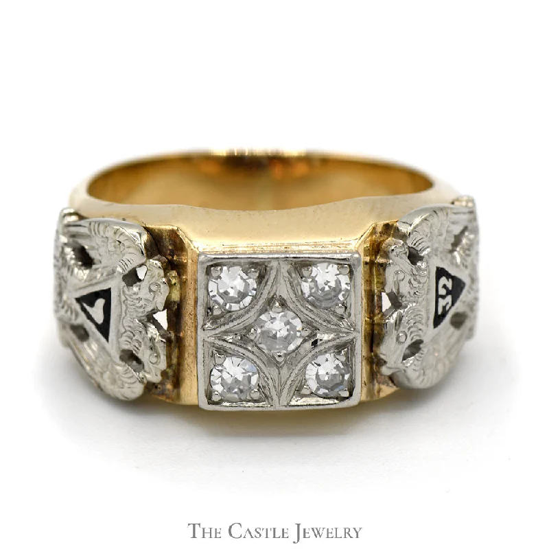 Vintage Engagement Ring with Diamonds-Square Shaped Diamond Cluster Masonic Ring in 10k Yellow Gold