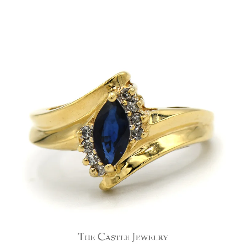 Classic Engagement Ring for Women-Marquise Cut Sapphire Ring with Diamond Accents in 10k Yellow Gold